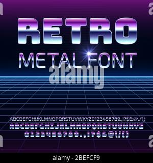 Retro Raum Metall Vektor Schriftart. Metallica futuristische Chrom Buchstaben und Zahlen im 80er Jahre Vintage-Stil. Futuristisches Vintage-Alphabet, Schrift 80er Typografie Illustration Stock Vektor