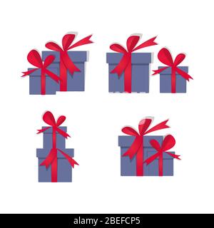 Sammlung von eingewickelten weihnachtsgeschenke mit roten Schleifen. Traditionelle Geschenke im Papierschnitt-Stil. Weihnachten Geschenk-Boxen Symbole für Boxen Tag, isoliert Stock Vektor