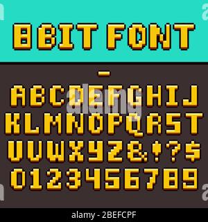 Pixel Video Spiel Spaß Alphabet und Zahlen. 8-Bit-Pixel Oldschool Gaming Vektor Schriftart. Illustration von Pixel-Spiel Alphabet und digitale abc für Videospiel Stock Vektor
