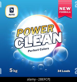 Saubere Leistung - Seife und Waschmittel Verpackung. Vektorgrafik für Waschpulver-Produktetiketten. Paket Power Powder Stock Vektor