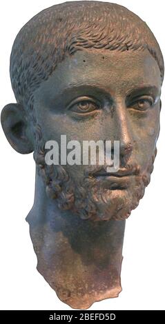 Kopf von einer Bronzestatue des römischen Kaisers Alexander Severus. Stockfoto