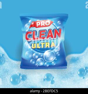 Blaues Waschmittel Vektor-Design auf Tasche Verpackungsvorlage mit realistischem Schaum auf Hintergrund Illustration Stock Vektor