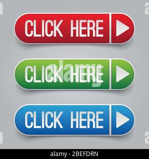 Bunte klicken Sie hier Web-Vektor-Schaltflächen gesetzt. Web-Schaltfläche Klicken Sie hier, um die Darstellung der Website-Navigation anzuzeigen Stock Vektor