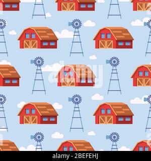 Red Bauernhaus nahtlose Muster Design Hintergrund. Vektor Illustration flach Cartoon Stock Vektor