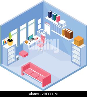 Isometrisches Home Office-Interieur. 3d-Arbeitsplatz mit Computer und Möbeln. Vektorgrafik Stock Vektor