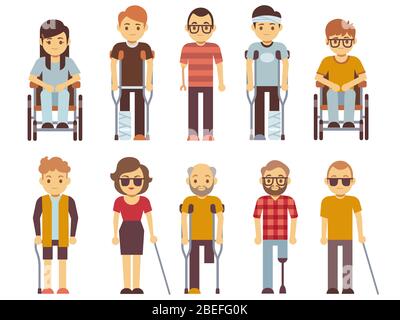 Behinderte Personen Vektor-Set. Alte und junge ungültige Personen isoliert auf weißem Hintergrund. Personenzeichen in Rollstuhldarstellung ungültig Stock Vektor