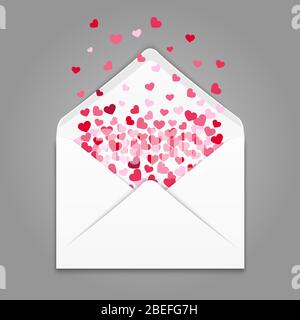 Realistc weißer Papierumschlag mit bunten Herzen Konfetti. Briefumschlag mit valentine Mail Herz, Liebesbrief, Vektor-Illustration Stock Vektor