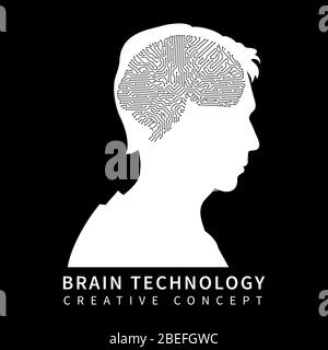 Männliche Kopf Silhouette mit Chip Gehirn auf schwarzem Hintergrund. Vektorgrafik Stock Vektor