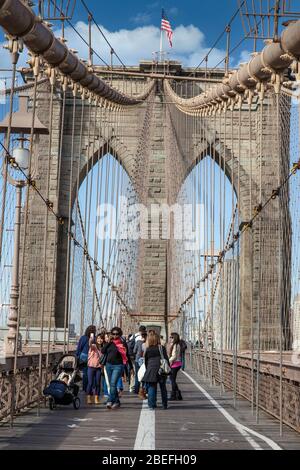 Brooklyn Bridge, Hafenfront und Hudson River und Skyline in New York City, 2018; New York; USA; USA; USA; Nordamerika, Nordamerika Stockfoto