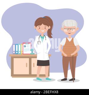 Ärztin und Opa mit Medizin und medizinischen Bericht, Ärzte und ältere Menschen Vektor-Illustration Stock Vektor