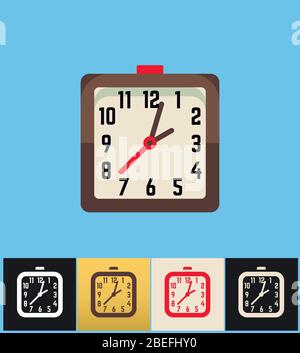 Uhrsymbol. Flache Vektorgrafik auf verschiedenen farbigen Hintergründen. Analoge Uhrensymbole im braunen Quadrat Stock Vektor