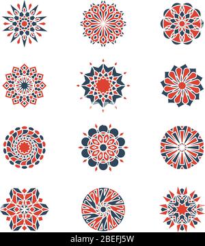 Mehendi und arabische kreisförmige Muster. Geometrisches Logodesign im islamischen Stil. Indische kreisförmige mehendi und Mandala-Set, Vektor-Illustration Stock Vektor