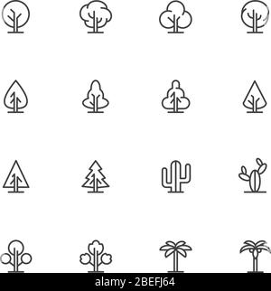 Einfache symbole für lineartbäume. Vektor-Querformat-Liniensymbole. Isolierte Anlagenschilder. Illustration Pflanzenbaum Kollektion lin Stil Stock Vektor
