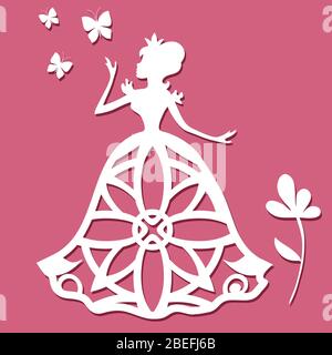 Papier Schnitzerei Prinzessin mit Schmetterlingen und Blume auf rosa Hintergrund. Vektorgrafik Stock Vektor