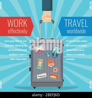 Mann Hand hält Reisetasche Gepäck mit Wahrzeichen Aufkleber. Konzept des Reisevektors. Abbildung von Gepäck für Urlaub und Koffer Stock Vektor