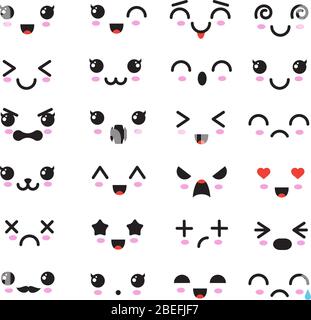 Cartoon kawaii Augen und Mund. Niedliche Emoticon Emoji-Charaktere im japanischen Stil. Vektor Emotion Lächeln Cartoon, kawaii japanischen Anime Illustration Stock Vektor