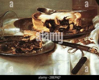 Heda Willem Claeszoon - Frühstückstisch mit Brombeer Pie - Detail Pie. Stockfoto