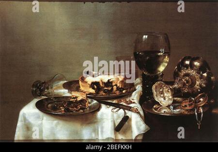 Heda, Willem Claeszoon: Frühstückstisch mit Brombeerkuchen Stockfoto