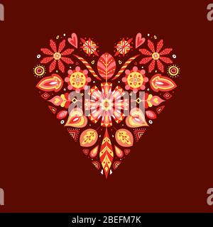 Herzförmige, helle Blumenillustration mit Dekorelementen auf rotem Hintergrund. Vorlage für Vektormuster. Grafik für die Karte, Banner, Poster. Stock Vektor