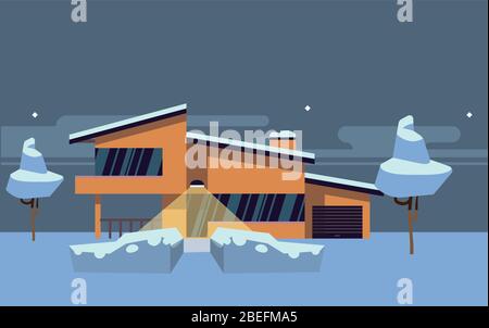 Winter Landhaus flach Vektor Illustration. Orange modernes Haus mit Straßenbeleuchtung. Haus im Schnee Stock Vektor