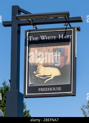 Traditionelles hängendes Pub-Schild im White Hart Public House, Cadnam, Hampshire, England, Großbritannien Stockfoto