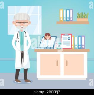 Ärzte online konsultieren medizinisches Seminar, Ärzte und ältere Menschen Vektor-Illustration Stock Vektor