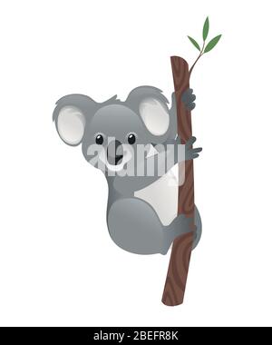 Niedlichen grauen Koala Bär sitzen auf Holz Zweig mit grünen Blättern Cartoon Tier Design flache Vektor-Illustration auf weißem Hintergrund isoliert Stock Vektor