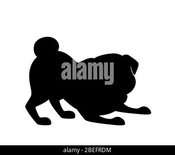 Schwarz Silhouette niedlich kleine freundliche Mops Hund Cartoon Haustier Design flache Vektor-Illustration auf weißem Hintergrund isoliert Stock Vektor