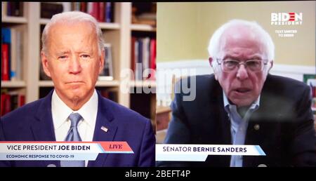 Wilmington, Delaware, USA. April 2020. US-Senator BERNIE SANDERS bestätigte heute Vizepräsident JOE BIDEN in einem Livestream Briefing und sagte BIDEN: "Wir brauchen dich im Weißen Haus. Kredit: Philip A. Shucet/ZUMA Wire/Alamy Live News Stockfoto