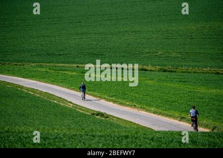 Landschaft zwischen Essen und MŸlheim an der Ruhr, Felder im Frühling, Radfahrer, Deutschland, Stockfoto