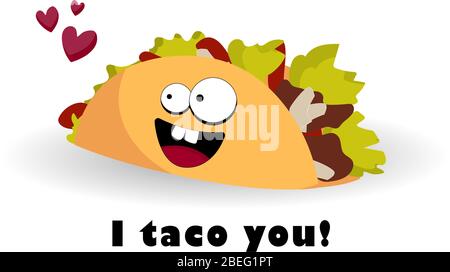 Taco-Charakter. Mexikanisches Essen. Lustige Tacos mit Augen. Vektorgrafik. Postkarte oder Poster Fast Food, Street Food. Stock Vektor