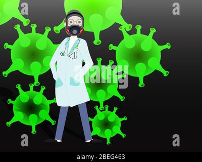 Doktor in Maske auf Viren Hintergrund. Mann in medizinischer Uniform und Vollmaske Atemschutzmaske vor Viren während Epidemie und Pandemie zu schützen Stock Vektor
