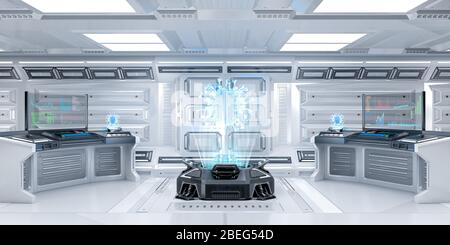 Futuristische Sci-Fi-Forschungsraum Interieur mit Hologramm-Maschine Anzeige Coronavirus oder Covid-19, 3D-Rendering Stockfoto