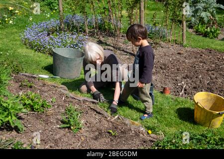 Frau und Kleinkind gärtnern im Frühlingssonne während Covid 19 Aussperrung in einem Landgarten in Carmarthenshire Wales Großbritannien April 2020 KATHY DEWITT Stockfoto