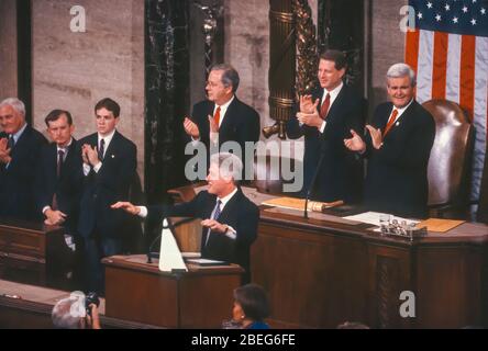 WASHINGTON, DC, USA, 4. FEBRUAR 1997: Präsident Bill Clinton, Rede zur Lage der Union vor der gemeinsamen Sitzung des Kongresses. Stockfoto