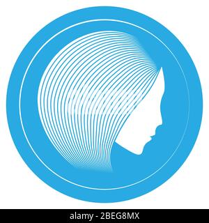 Blaue Ikone mit einfachem Profil der Frau mit linearen Haaren Stock Vektor