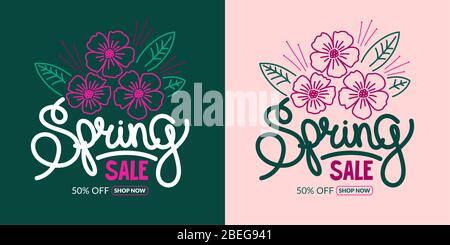 Hand Geschriebenes Wort Frühling Verkauf Vektor Hintergrund Illustration Mit Blumen. Das Design des Banners mit EINEM Rabatt mit Kirschblüten und Blütenblättern Stock Vektor