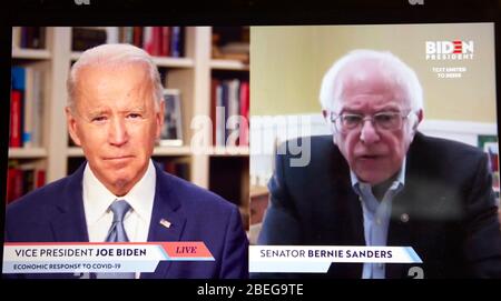 Wilmington, Delaware, USA. April 2020. US-Senator BERNIE SANDERS bestätigte heute Vizepräsident JOE BIDEN in einem Livestream Briefing und sagte BIDEN: "Wir brauchen dich im Weißen Haus. Kredit: Philip A. Shucet/ZUMA Wire/Alamy Live News Stockfoto