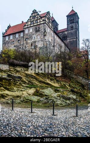 Quedlinburg, eine Stadt nördlich des Harzes, wurde 1994 von der UNESCO zum Weltkulturerbe erklärt. Stockfoto