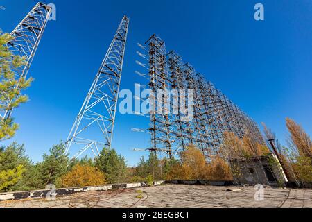 Das 19. Oktober 2019, Foto des sowjetischen Ober-den-Horizont (OTH) Radarsystems DUGA, als Teil der sowjetischen Raketenabwehr in der Nähe von Tschernobyl, in aban verwendet Stockfoto