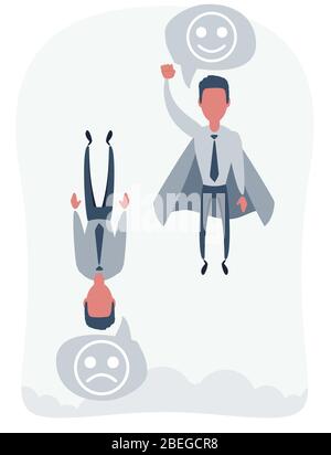 Geschäftsmann Superheld fliegt nach oben und lässt andere nach unten. Super Arbeiter im Mantel hebt ab. Stock Vektor