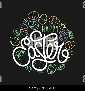 Handskizzierte Frohe Ostern Vektor Typografie als Logo, Abzeichen und Symbol, Ostern Postkarte, Karte, Einladung, Flyer, Banner-Vorlage. Stock Vektor