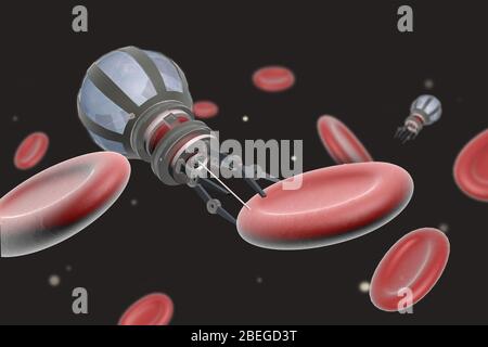 Rote Blutkörperchen und Nanobot, Illustration Stockfoto