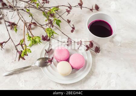 Mehrere Süßigkeiten, Makronen und Hibiskus Tee Tasse, Frühling jungen Frühlingszweige von bunten Farben. Romantischer sonniger Morgen Stockfoto