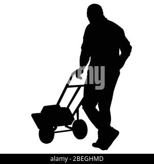 Liefermann schieben Handwagen mit Paketen auf weißem Hintergrund, Vektor-Illustration Stock Vektor