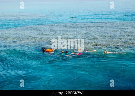 Bootfahren und Schnorcheln am Roten Meer, vor der Küste von Sharm el-Sheikh, Ägypten. Stockfoto