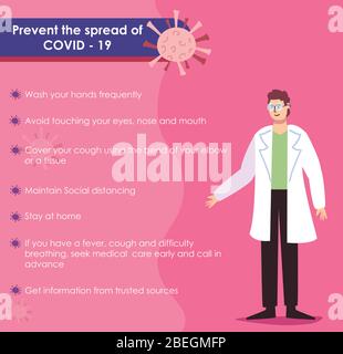 Design der Präventionen des Covid19 mit Cartoon Arzt Mann Ikone über Coronavirus rosa Hintergrund, buntes Design, Vektor-Illustration Stock Vektor
