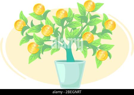 Geldbaum im Topf Bankanlage Konzept. Gewinndarstellung erhöhen. Ergebnis, wachsende Geschäftserfolg Vektor-Design isoliert auf weißem Hintergrund. Metapher für finanzielle Einsparungen. Stock Vektor