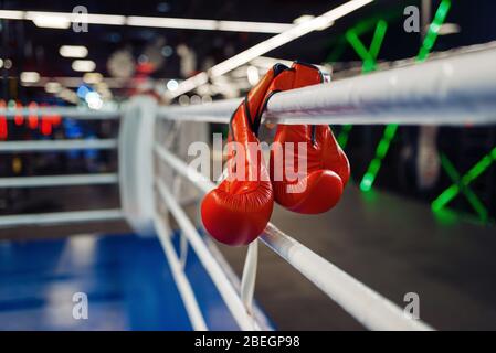 Ein Paar rote Boxhandschuhe, die an einem Seil hängen Stockfoto