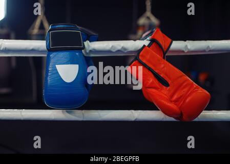Rot und blau Boxhandschuhe an einem Seil, niemand Stockfoto